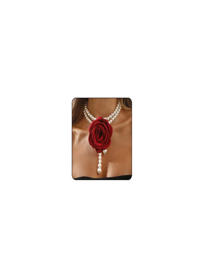 IS4U Rose Choker Necklace for Women Vintage Baroque Pearl Layers Necklace Exaggerated Flowers Pearl Necklaces Fashion Wedding Party Jewelry (Red) - Image 1